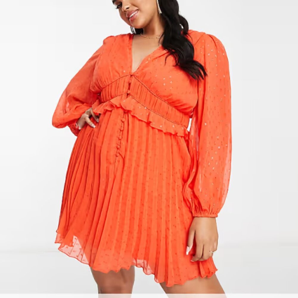 ASOS Curve Bright Orange Pleated Mini Dress - Picture 8 of 8